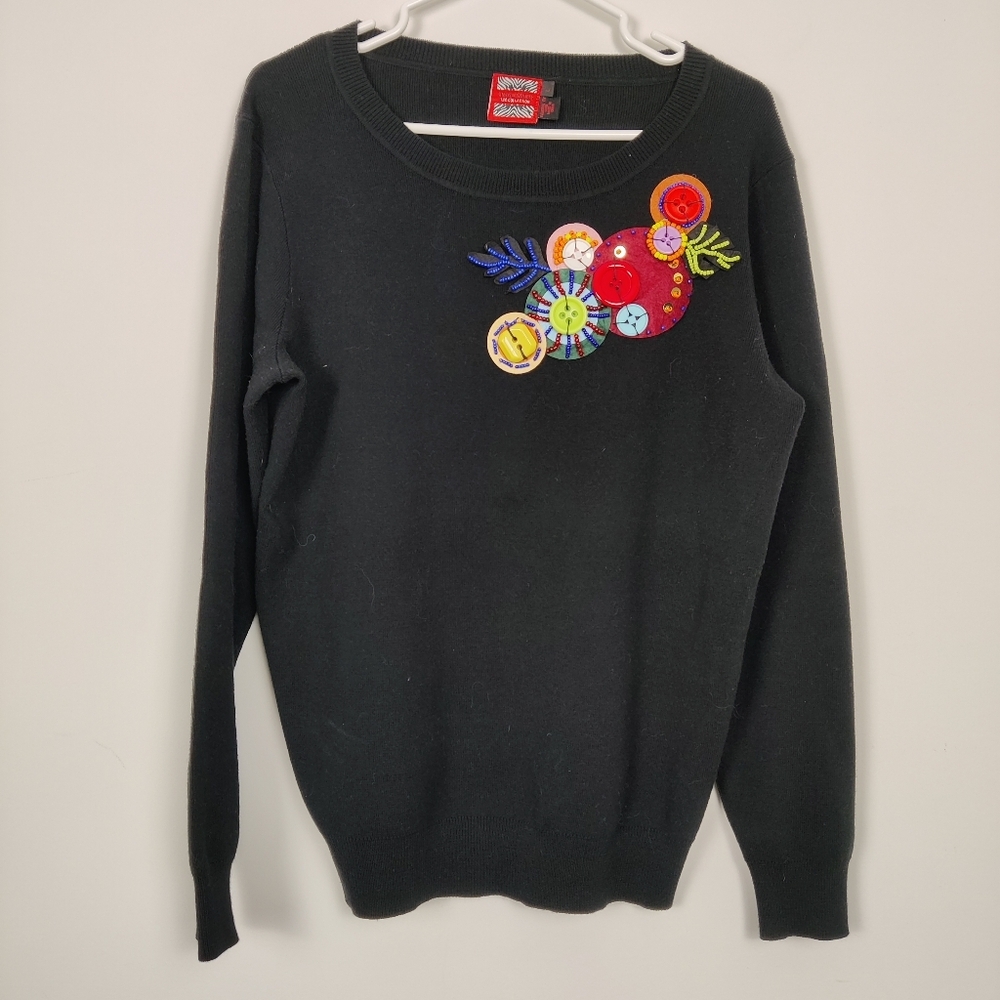 Simon Chang Black Sweater with Vibrant Embroidered Floral Accents Cotton